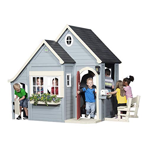 Backyard Discovery Spielhaus Spring Cottage aus Holz| Outdoor Kinderspielhaus für den Garten inklusive Zubehör | Gartenhaus für Kinder mit Fenstern in Grau & Schwarz - 3