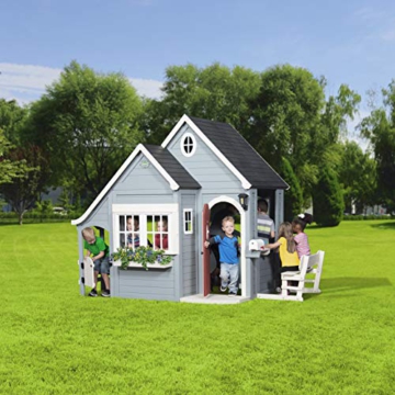 Backyard Discovery Spielhaus Spring Cottage aus Holz| Outdoor Kinderspielhaus für den Garten inklusive Zubehör | Gartenhaus für Kinder mit Fenstern in Grau & Schwarz - 5