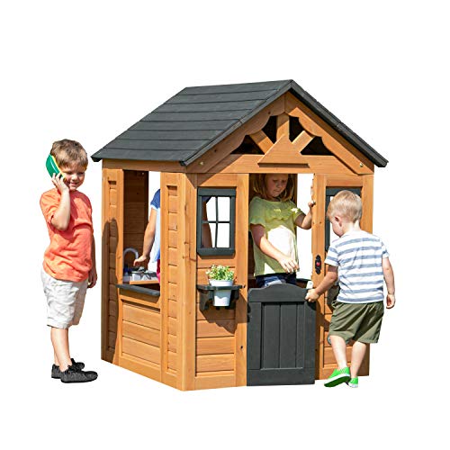 Backyard Discovery Spielhaus Sweetwater aus Holz | Outdoor Kinderspielhaus für den Garten inklusive Zubehör | Gartenhaus für Kinder mit Fenstern in Braun & Schwarz - 1