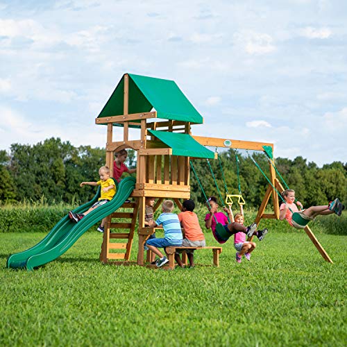 Backyard Discovery Spielturm Belmont aus Holz | XXL Spielhaus für Kinder mit Rutsche, Schaukel, Trapezstange, Sandkasten und Picknicktisch | Stelzenhaus für den Garten - 2