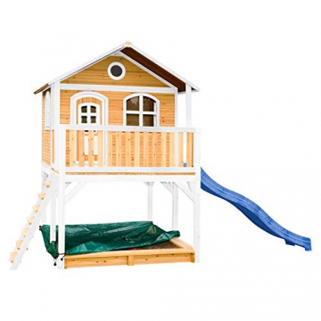 Beauty.Scouts Holzspielhaus Maine II 212x432x293cm Hemlock Holz braun-weiß Rutsche+Sandkasten Kinderspielhaus Spielhaus Holzhaus Gartenhaus Garten Kinderhaus Farbe blau - 2