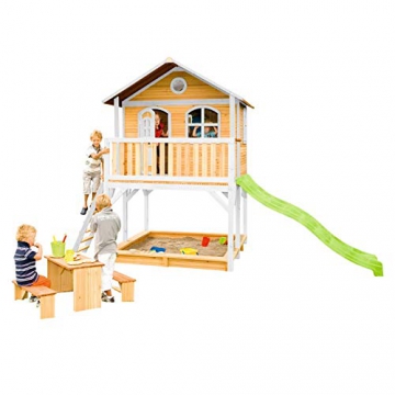 Beauty.Scouts Holzspielhaus Maine II 212x432x293cm Hemlock Holz braun-weiß Rutsche+Sandkasten Kinderspielhaus Spielhaus Holzhaus Gartenhaus Garten Kinderhaus Farbe blau - 5