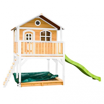 Beauty.Scouts Holzspielhaus Maine II 212x432x293cm Hemlock Holz braun-weiß Rutsche+Sandkasten Kinderspielhaus Spielhaus Holzhaus Gartenhaus Garten Kinderhaus Farbe blau - 6