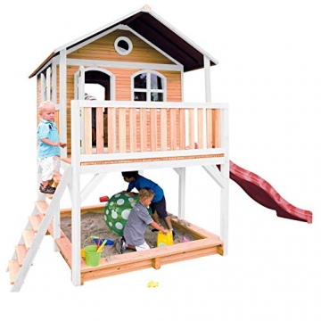 Beauty.Scouts Holzspielhaus Maine II 212x432x293cm Hemlock Holz braun-weiß Rutsche+Sandkasten Kinderspielhaus Spielhaus Holzhaus Gartenhaus Garten Kinderhaus Farbe blau - 9