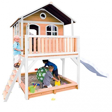 Beauty.Scouts Holzspielhaus Maine II 212x432x293cm Hemlock Holz braun-weiß Rutsche+Sandkasten Kinderspielhaus Spielhaus Holzhaus Gartenhaus Garten Kinderhaus Farbe lila - 3