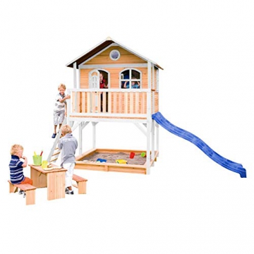 Beauty.Scouts Holzspielhaus Maine II 212x432x293cm Hemlock Holz braun-weiß Rutsche+Sandkasten Kinderspielhaus Spielhaus Holzhaus Gartenhaus Garten Kinderhaus Farbe blau - 1