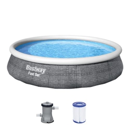 Bestway Fast Set Pool, 396 x 84 cm, Set mit Filterpumpe, rund, graue Rattan-Optik - 1