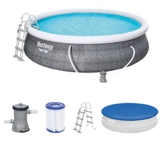 Bestway Komplettset Fast Pool 457x457x107 cm, Gartenpool selbstaufbauend mit aufblasbarem Luftring rund im Komplett Set, mit Filterpumpe, Sicherheitsleiter und Abdeckplane, Blau, 457 x 107 cm, 57372 - 1