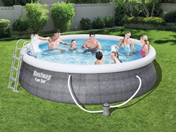 Bestway Komplettset Fast Pool 457x457x107 cm, Gartenpool selbstaufbauend mit aufblasbarem Luftring rund im Komplett Set, mit Filterpumpe, Sicherheitsleiter und Abdeckplane, Blau, 457 x 107 cm, 57372 - 2