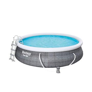 Bestway Komplettset Fast Pool 457x457x107 cm, Gartenpool selbstaufbauend mit aufblasbarem Luftring rund im Komplett Set, mit Filterpumpe, Sicherheitsleiter und Abdeckplane, Blau, 457 x 107 cm, 57372 - 4