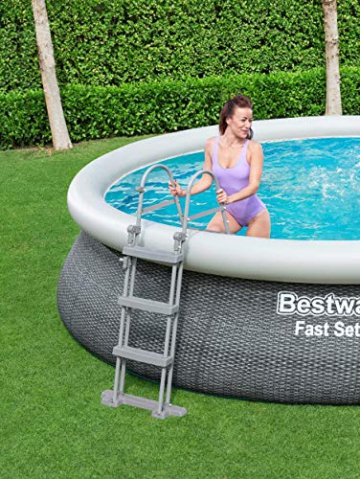 Bestway Komplettset Fast Pool 457x457x107 cm, Gartenpool selbstaufbauend mit aufblasbarem Luftring rund im Komplett Set, mit Filterpumpe, Sicherheitsleiter und Abdeckplane, Blau, 457 x 107 cm, 57372 - 11