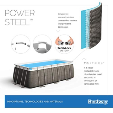 Bestway Power Steel Deluxe 488x244x122 cm, Frame Pool eckig im Komplett Set in Rattan-Optik, inklusive Filterpumpe, Sicherheitsleiter und Abdeckplane - 15