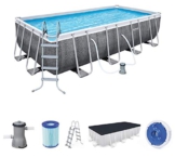 Bestway Power Steel Deluxe 488x244x122 cm, Frame Pool eckig im Komplett Set in Rattan-Optik, inklusive Filterpumpe, Sicherheitsleiter und Abdeckplane - 1