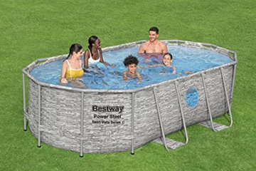 Bestway Power Steel Swim Vista Series Frame Pool Komplett-Set mit Filterpumpe 427 x 250 x 100 cm, Steinwand-Optik (Cremegrau), oval - 2