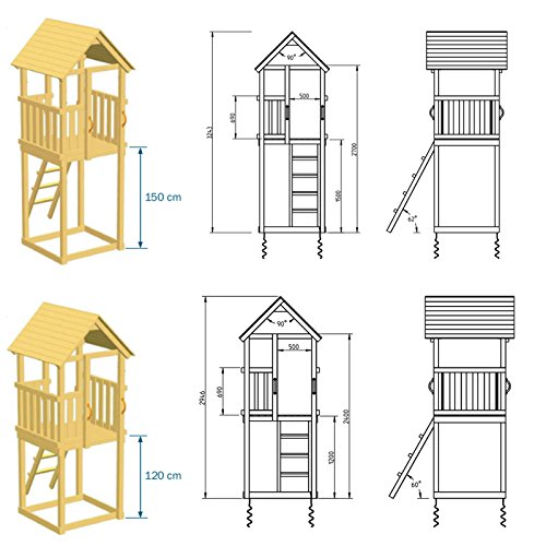 Blue Rabbit 2.0 Spielturm Kiosk mit Rutsche + Doppelschaukel Kletterturm mit 2 Schaukeln Glocke Sandkasten Lenkrad Fahne Teleskop und Holzdach (Rutschenlänge 2,90 m, Gelb) - 2