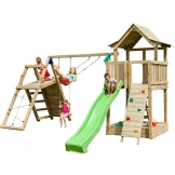 Blue Rabbit 2.0 Spielturm PAGODA mit Rutsche 2,90 m, 3 Kletterwände + Doppelschaukel inkl. 2 Schaukelsitze 70 kg belastbar Kletterturm Kiefer MASSIVHOLZ imprägniert (Grün) - 1