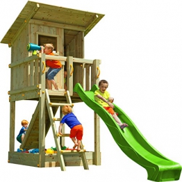 Blue Rabbit Spielturm Beach Hut mit Rutsche + Rampe mit Seil Kletterturm Holzturm Stelzenhaus mit Wasserrutsche, Fernrohr und Kletterrampe mit Seil (Podesthöhe 1,20 m, Grün) - 1