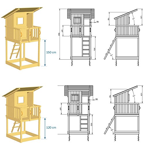 Blue Rabbit Spielturm Beach Hut mit Rutsche + Rampe mit Seil Kletterturm Holzturm Stelzenhaus mit Wasserrutsche, Fernrohr und Kletterrampe mit Seil (Podesthöhe 1,20 m, Grün) - 3