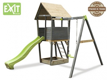 EXIT Aksent Spielturm mit Einzelschaukel / mit Aussichtsplattform, Sandkasten, Rutsche+Leiter / Nordisches Fichtenholz / 320x323x296 cm -