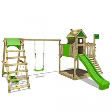 FATMOOSE Kinder-Kletterturm RockyRanch Roll XXL mit schwingendem Surfbrett Spielturm Spielhaus auf Podest mit Veranda Schaukel Rutsche Kletterleiter und großem Sandkasten - 
