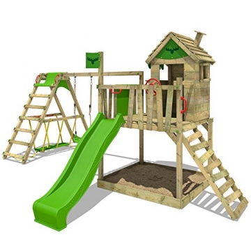 FATMOOSE Kinder-Kletterturm RockyRanch Roll XXL mit schwingendem Surfbrett Spielturm Spielhaus auf Podest mit Veranda Schaukel Rutsche Kletterleiter und großem Sandkasten - 