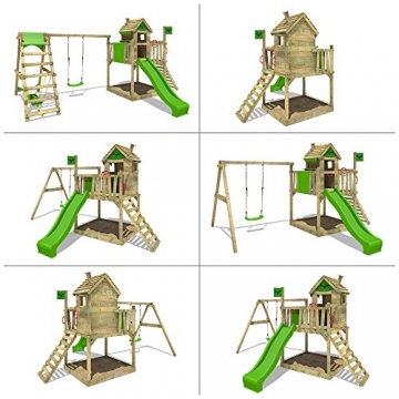FATMOOSE Kinder-Kletterturm RockyRanch Roll XXL mit schwingendem Surfbrett Spielturm Spielhaus auf Podest mit Veranda Schaukel Rutsche Kletterleiter und großem Sandkasten - 