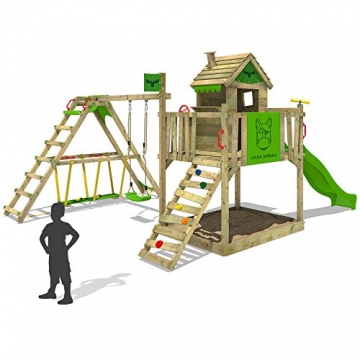 FATMOOSE Kinder-Kletterturm RockyRanch Roll XXL mit schwingendem Surfbrett Spielturm Spielhaus auf Podest mit Veranda Schaukel Rutsche Kletterleiter und großem Sandkasten -