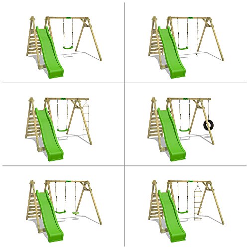 FATMOOSE Kinderschaukel Schaukelgestell JollyJay mit apfelgrüner Rutsche & Schaukel, Schaukelgerüst mit Leiter, Doppelschaukel, Holzschaukel für Kinder Im Garten - 4