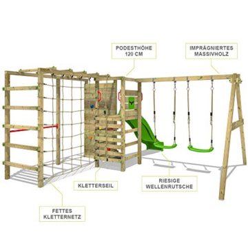 FATMOOSE Klettergerüst Spielturm ActionArena mit Schaukel & apfelgrüner Rutsche, Gartenspielgerät mit Leiter & Spiel-Zubehör - 2