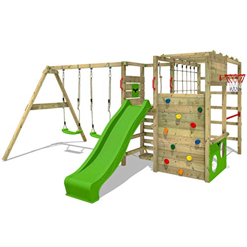 FATMOOSE Klettergerüst Spielturm ActionArena mit Schaukel & apfelgrüner Rutsche, Gartenspielgerät mit Leiter & Spiel-Zubehör - 1