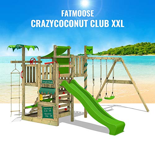 FATMOOSE Klettergerüst Spielturm CrazyCoconut mit Schaukel & apfelgrüner Rutsche, Gartenspielgerät mit Sandkasten, Leiter & Spiel-Zubehör - 4