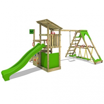 FATMOOSE Kletterturm FruityForest Fun XXL Klettergerüst Spielturm Beach-House mit Schaukel Sandkasten Rutsche und Surfanbau auf 3 Ebenen - 