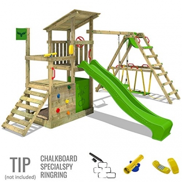 FATMOOSE Kletterturm FruityForest Fun XXL Klettergerüst Spielturm Beach-House mit Schaukel Sandkasten Rutsche und Surfanbau auf 3 Ebenen - 