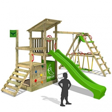 FATMOOSE Kletterturm FruityForest Fun XXL Klettergerüst Spielturm Beach-House mit Schaukel Sandkasten Rutsche und Surfanbau auf 3 Ebenen -