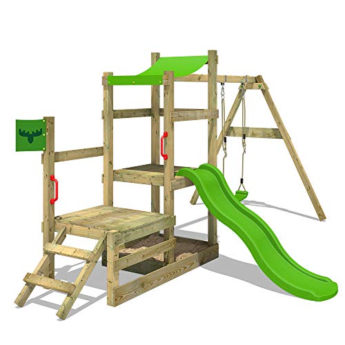 FATMOOSE Spielhaus RabbitRally Racer XXL Spielturm Holz mit 3 Ebenen Rutsche Schaukel Sandkasten - 1