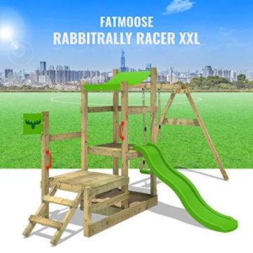 FATMOOSE Spielhaus RabbitRally Racer XXL Spielturm Holz mit 3 Ebenen Rutsche Schaukel Sandkasten - 4