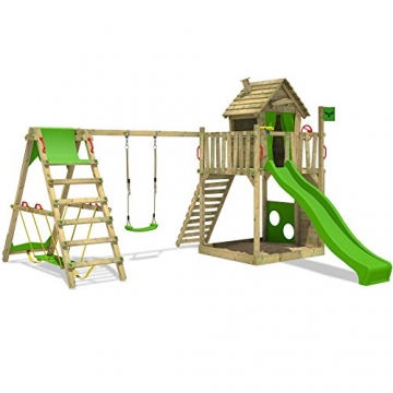FATMOOSE Spielturm HappyHome Hot XXL Stelzenhaus Baumhaus Klettergerüst mit Schaukel, Surfanbau und Rutsche - 
