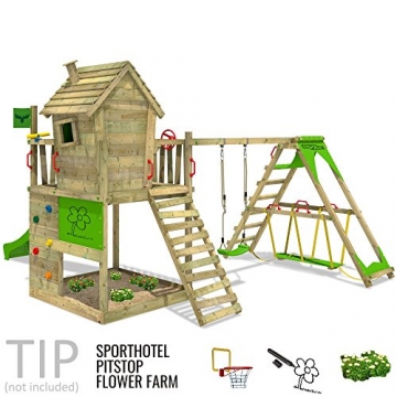 FATMOOSE Spielturm HappyHome Hot XXL Stelzenhaus Baumhaus Klettergerüst mit Schaukel, Surfanbau und Rutsche - 