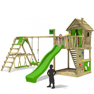 FATMOOSE Spielturm HappyHome Hot XXL Stelzenhaus Baumhaus Klettergerüst mit Schaukel, Surfanbau und Rutsche -