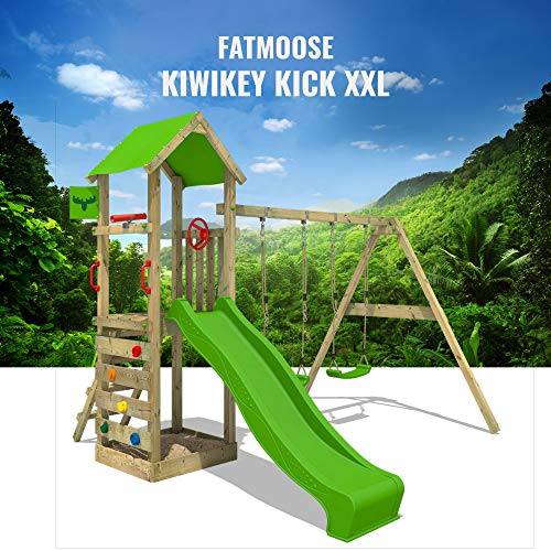 FATMOOSE Spielturm KiwiKey Kick XXL Kletterturm mit Doppelschaukel, grüner Rutsche, und Sandkasten - 4