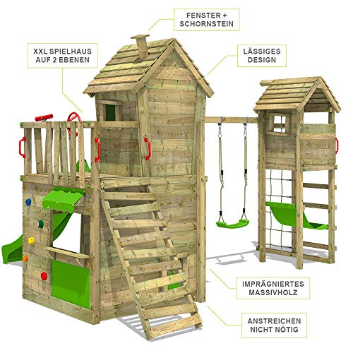 FATMOOSE Spielturm Klettergerüst CrazyCat mit Schaukel TowerSwing & apfelgrüner Rutsche, Spielhaus mit Leiter & Spiel-Zubehör - 2
