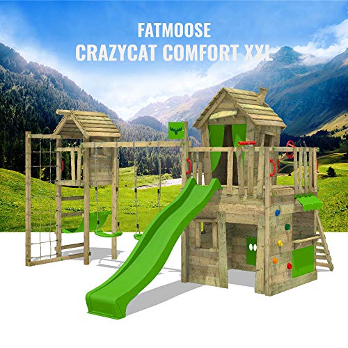 FATMOOSE Spielturm Klettergerüst CrazyCat mit Schaukel TowerSwing & apfelgrüner Rutsche, Spielhaus mit Leiter & Spiel-Zubehör - 4