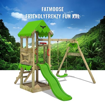 FATMOOSE Spielturm Klettergerüst FriendlyFrenzy Fun XXL mit Schaukel & apfelgrüner Rutsche, Outdoor Kinder Kletterturm mit Sandkasten, Leiter für den Garten - 3