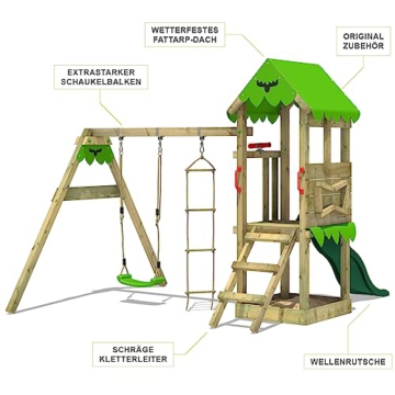 FATMOOSE Spielturm Klettergerüst FriendlyFrenzy Fun XXL mit Schaukel & apfelgrüner Rutsche, Outdoor Kinder Kletterturm mit Sandkasten, Leiter für den Garten - 4