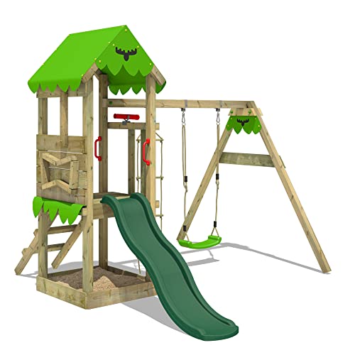 FATMOOSE Spielturm Klettergerüst FriendlyFrenzy Fun XXL mit Schaukel & grüner Rutsche, Outdoor Kinder Kletterturm mit Sandkasten, Leiter für den Garten - 1