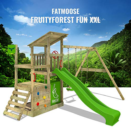 FATMOOSE Spielturm Klettergerüst FruityForest Fun XXL mit Doppel-Schaukel & grüner Rutsche, Spielhaus mit Sandkasten, Kletterwand & viel Spiel-Zubehör - 4