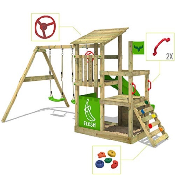 FATMOOSE Spielturm Klettergerüst FruityForest mit Schaukel & apfelgrüner Rutsche, Kletterturm mit Sandkasten, Leiter & Spiel-Zubehör - 3