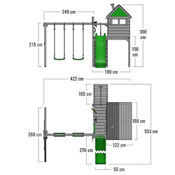 FATMOOSE Spielturm Klettergerüst FunFactory mit Schaukel & grüner Rutsche, Stelzenhaus mit Leiter & Spiel-Zubehör - 5