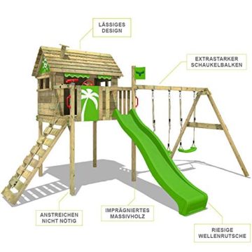FATMOOSE Spielturm Klettergerüst FunFactory mit Schaukel & grüner Rutsche, Stelzenhaus mit Leiter & Spiel-Zubehör - 2