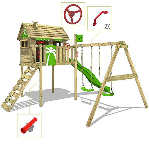 FATMOOSE Spielturm Klettergerüst FunFactory mit Schaukel & grüner Rutsche, Stelzenhaus mit Leiter & Spiel-Zubehör - 3